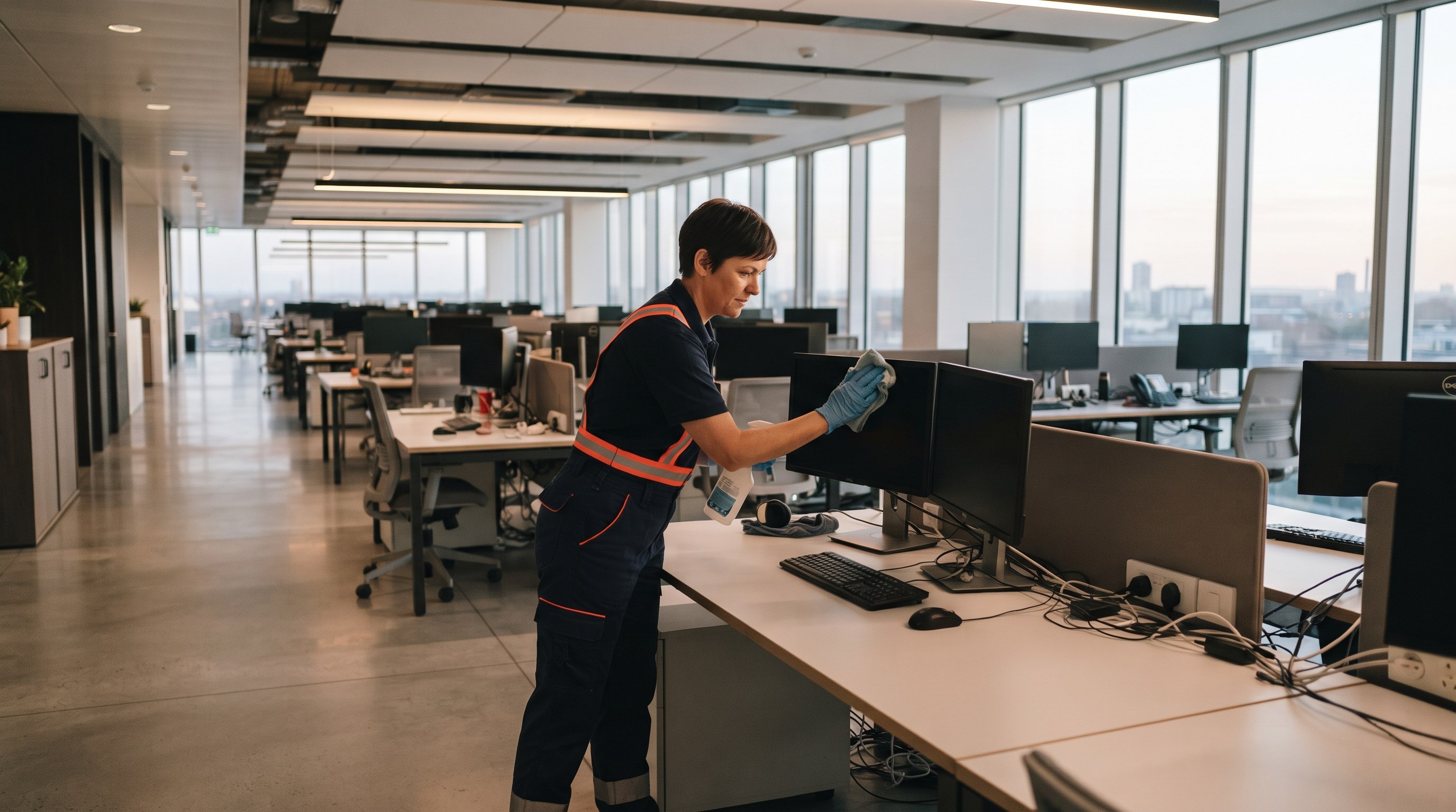 Everglow cleaner sanitising office desk monitors and equipment