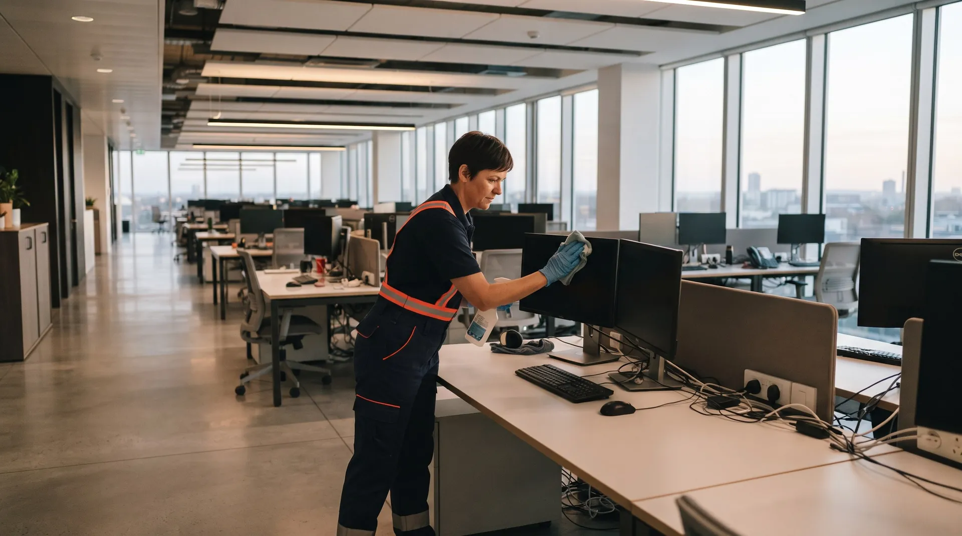 Everglow cleaner sanitising office desk monitors and equipment