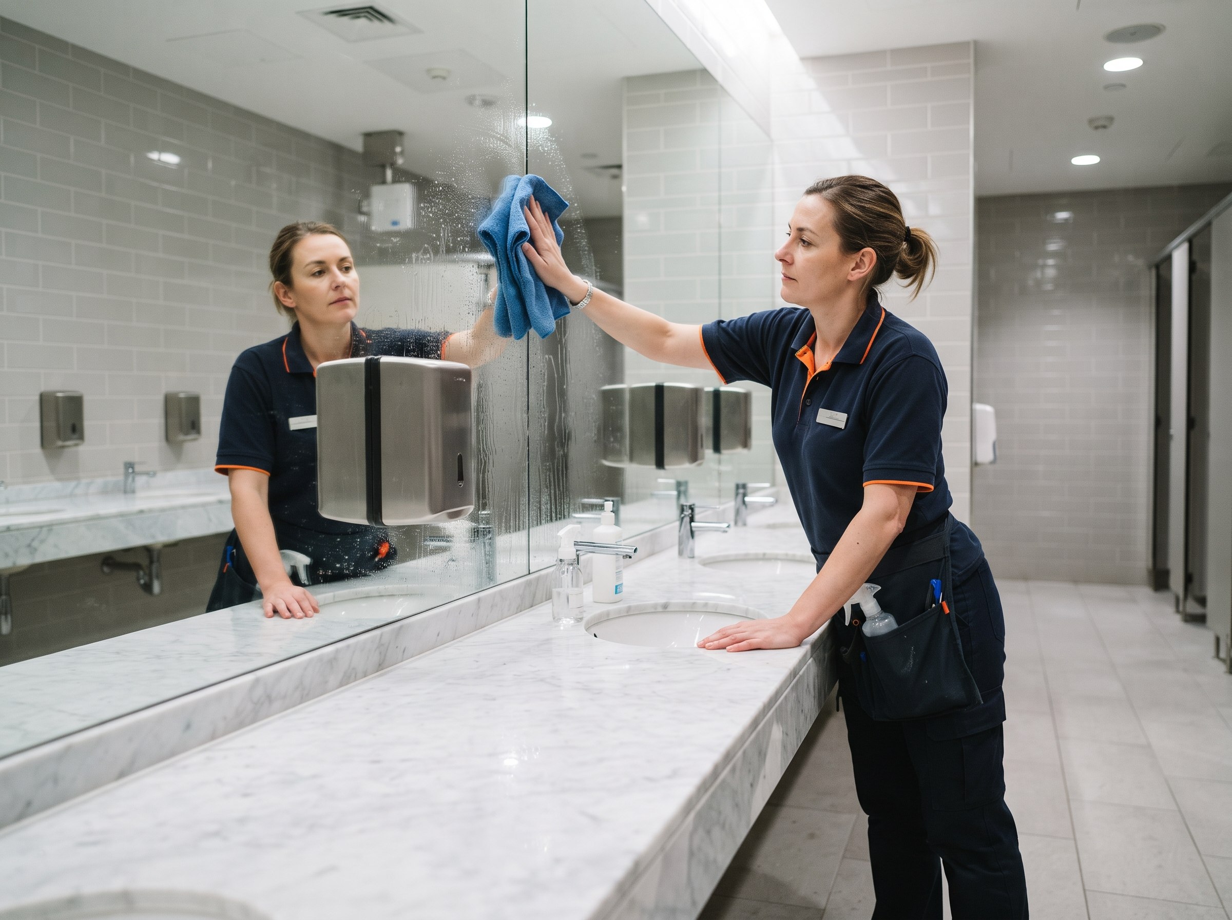 Cleaner sanitising a modern commercial washroom