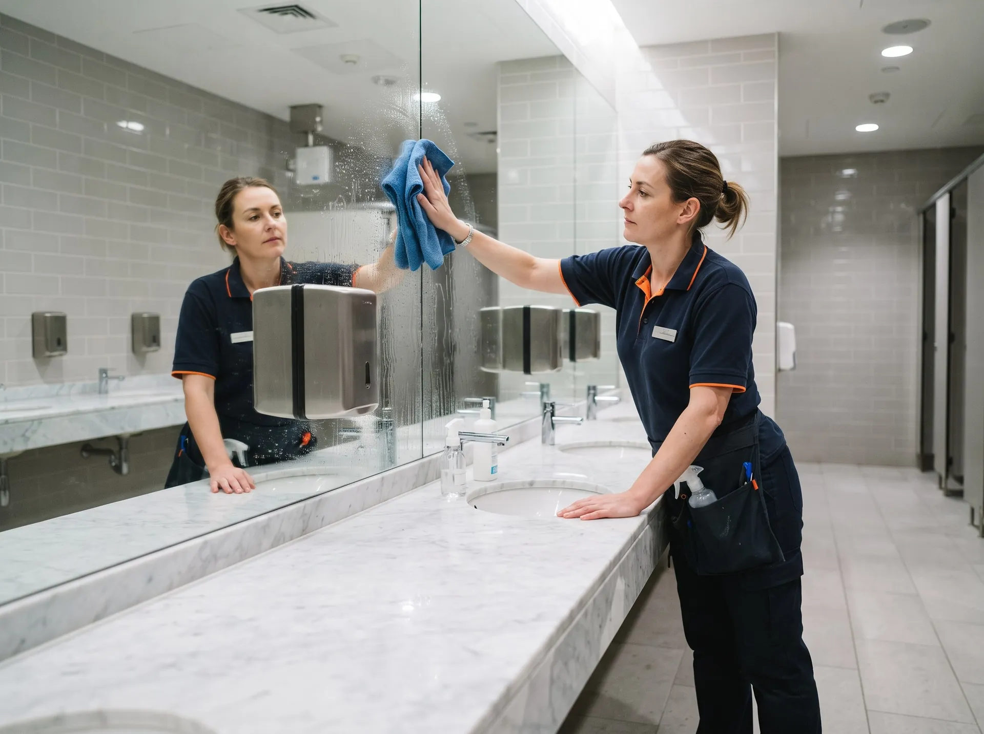 Cleaner sanitising a modern commercial washroom